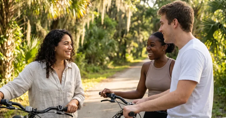 Three friends pause together on a shaded bike trail, building the social connection that helps counter anxiety avoidance in Winter Garden, FL.