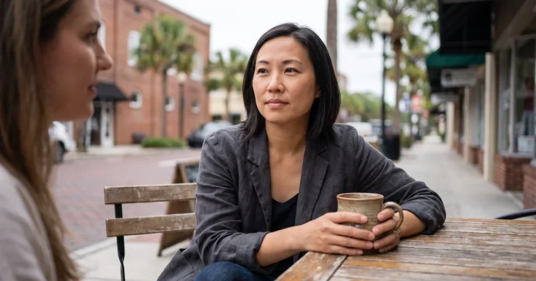 A woman sits at an outdoor cafe table with a guarded expression, working through intrusive thoughts and OCD in Winter Garden, FL.