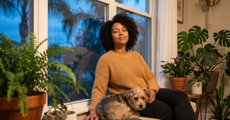 A woman relaxes by a plant-filled window with her dog in the evening calm, finding relief from panic attacks in Winter Garden, FL.