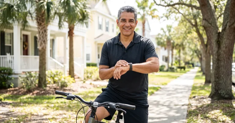 A man checks his fitness watch after a neighborhood bike ride, building a steady daily routine alongside TMS therapy in Winter Garden, FL.